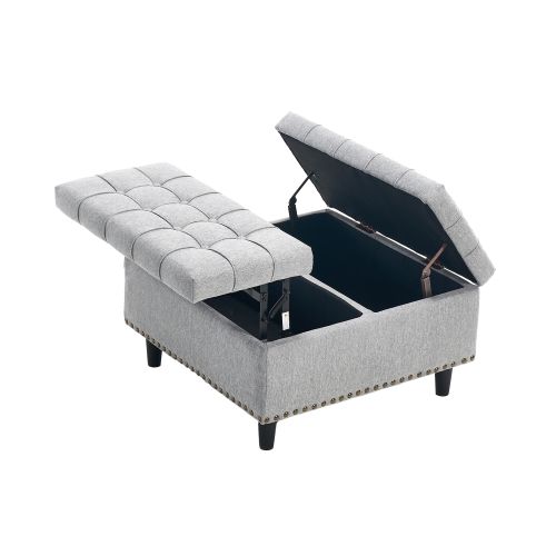 Pouf Relevable Carré En Lin Gris Avec Rangement