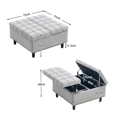 Pouf Relevable Carré En Lin Gris Avec Rangement