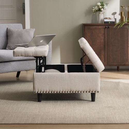 Pouf Relevable Carré Beige En Lin Avec Rangement