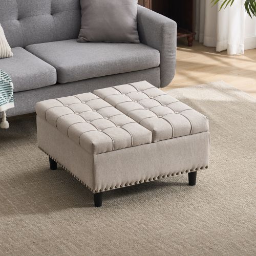 Pouf Relevable Carré Beige En Lin Avec Rangement