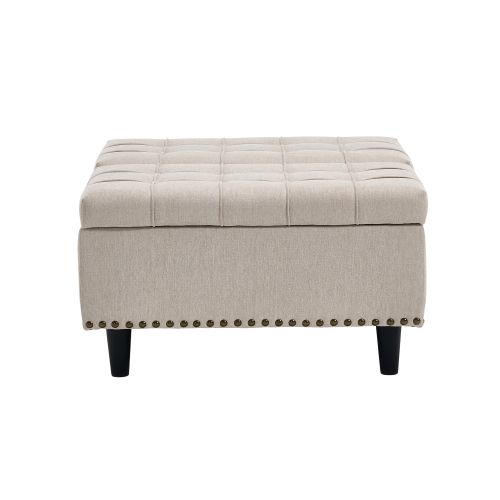 Pouf Relevable Carré Beige En Lin Avec Rangement
