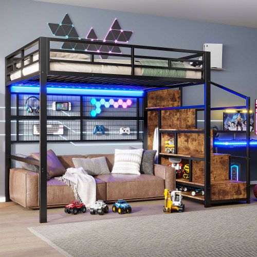 Lit Mezzanine 140x200 Cm En Métal Avec Penderie, LED Et Échelle De Rangement, Noir