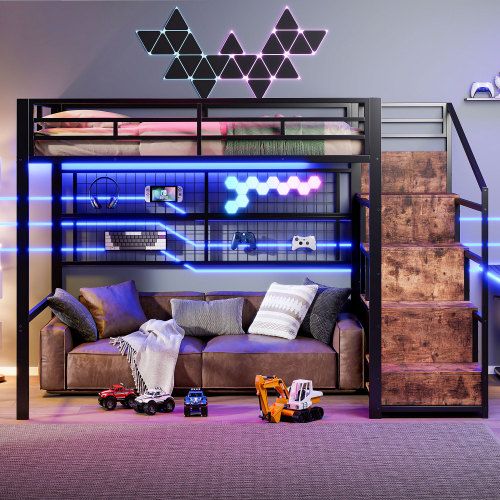 Lit Mezzanine 140x200 Cm En Métal Avec Penderie, LED Et Échelle De Rangement, Noir