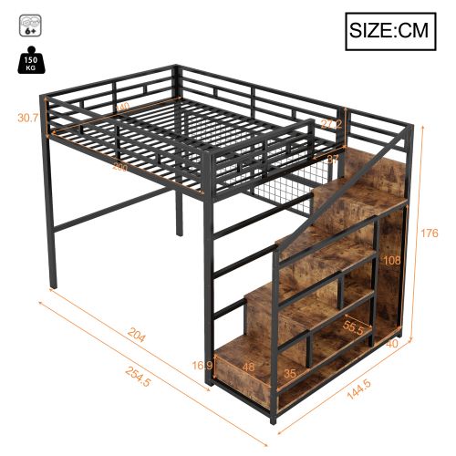 Lit Mezzanine 140x200 Cm En Métal Avec Penderie, LED Et Échelle De Rangement, Noir
