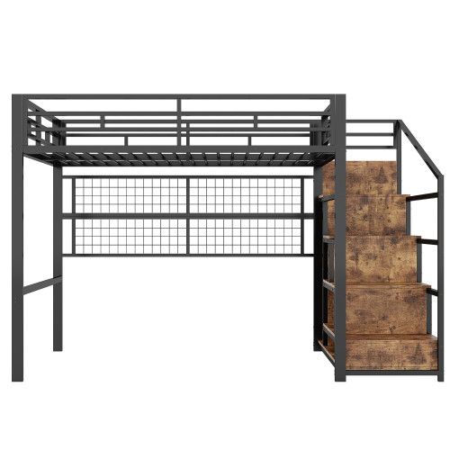 Lit Mezzanine 140x200 Cm En Métal Avec Penderie, LED Et Échelle De Rangement, Noir