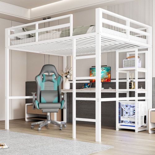 Lit Mezzanine 140x200 Cm Avec Bureau Et Prises USB Et Type-c, En Métal, Blanc