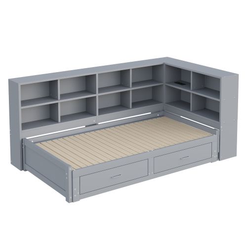 Lit Gigogne 90/180x190 Cm, Avec 2 Tiroirs, Avec Sommier à Lattes, En Bois, Gris