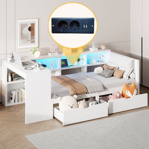 Lit Simple Lit Enfant 90x200 Cm Avec 2 Tiroirs, Bureau, Tête De Lit Capitonnée Et LED, Blanc
