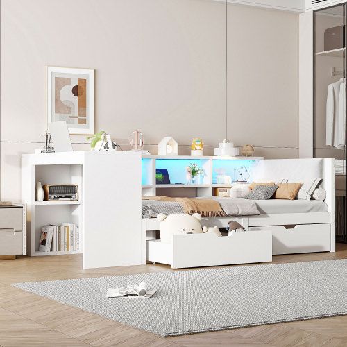 Lit Simple Lit Enfant 90x200 Cm Avec 2 Tiroirs, Bureau, Tête De Lit Capitonnée Et LED, Blanc