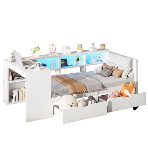 Lit Simple Lit Enfant 90x200 Cm Avec 2 Tiroirs, Bureau, Tête De Lit Capitonnée Et LED, Blanc