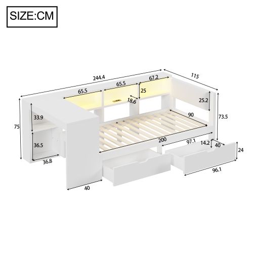 Lit Simple Lit Enfant 90x200 Cm Avec 2 Tiroirs, Bureau, Tête De Lit Capitonnée Et LED, Blanc