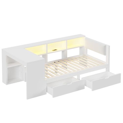 Lit Simple Lit Enfant 90x200 Cm Avec 2 Tiroirs, Bureau, Tête De Lit Capitonnée Et LED, Blanc