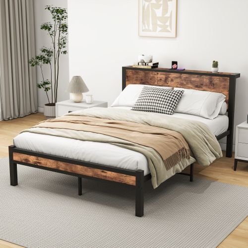 Lit Adulte 140x200 Cm, Rangement Sous Le Lit 27 Cm, Avec Sommier à Lattes, Lit En Métal, Marron