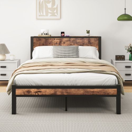 Lit Adulte 140x200 Cm, Rangement Sous Le Lit 27 Cm, Avec Sommier à Lattes, Lit En Métal, Marron