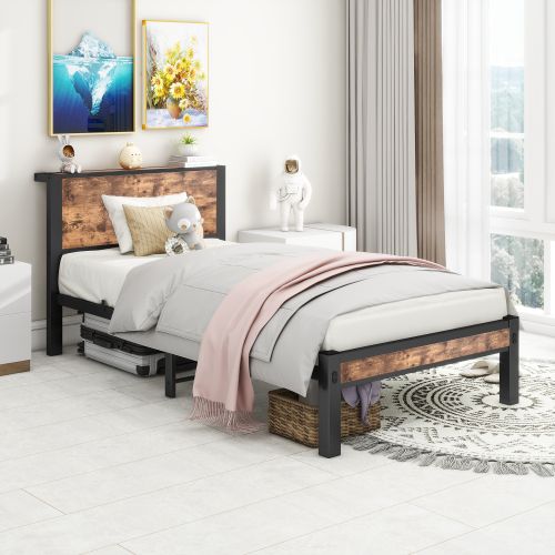 Lit Enfant 90x200 Cm, Avec Tête De Lit De Rangement Et Sommier à Lattes, Lit En Métal, Marron