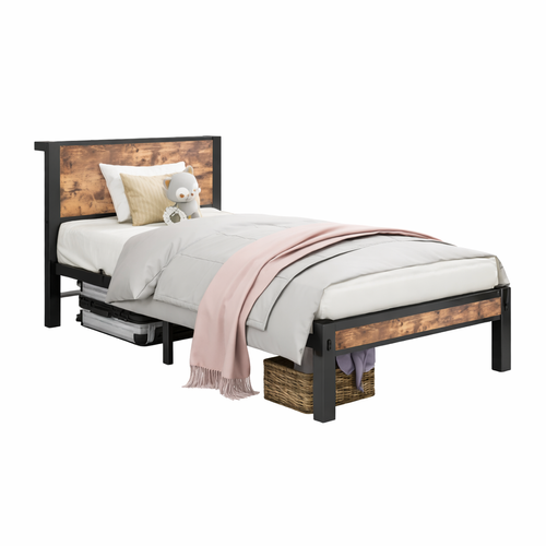 Lit Enfant 90x200 Cm, Avec Tête De Lit De Rangement Et Sommier à Lattes, Lit En Métal, Marron