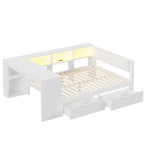 Lit Adulte 140x200 Cm, Lit 2 Places, Avec 2 Tiroirs, Tête De Lit Capitonnée, LED, En Bois, Blanc