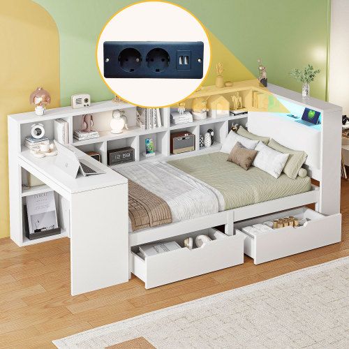 Lit Enfant 90x200 Cm Avec 2 Tiroirs, Bureau, Tête De Lit Capitonnée Et LED, Blanc
