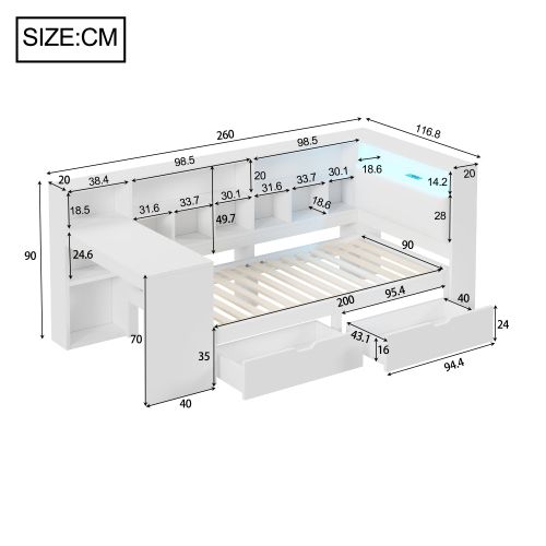 Lit Enfant 90x200 Cm Avec 2 Tiroirs, Bureau, Tête De Lit Capitonnée Et LED, Blanc