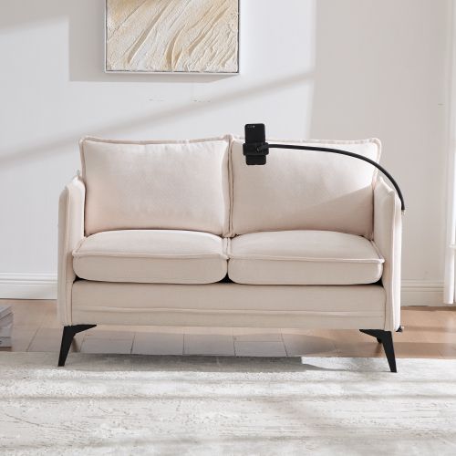 Canapé Droit 2 Places En Chenille Beige Avec Rangement Latéral Et Support Téléphone Réglable
