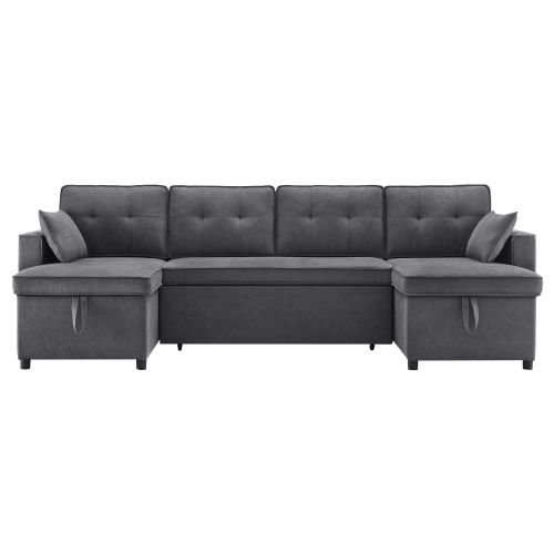 Canapé D'angle Convertible Extra-large 4 Places Gris Avec Rangements Et Porte-gobelets