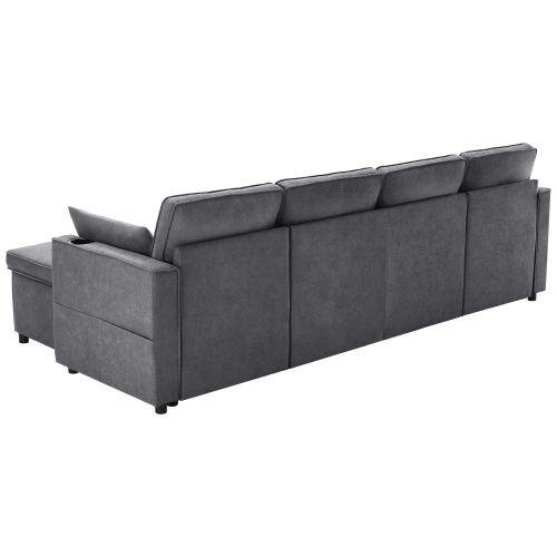 Canapé D'angle Convertible Extra-large 4 Places Gris Avec Rangements Et Porte-gobelets