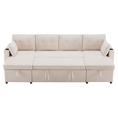 Canapé D’angle Convertible Extra-large 4 Places En Coton-lin Beige Avec Rangement