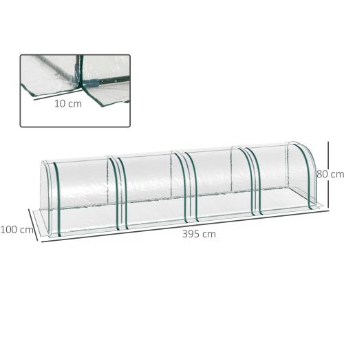 Serre Tunnel De Jardin Transparente Pvc 395x100x80 Cm, 4 Fenêtres Zippées, Cadre Acier