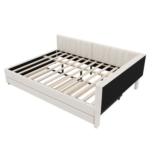 Lit Gigogne 140x200 Cm, Tête De Lit De Rangement, Avec Sommier à Lattes, En Lin, Beige