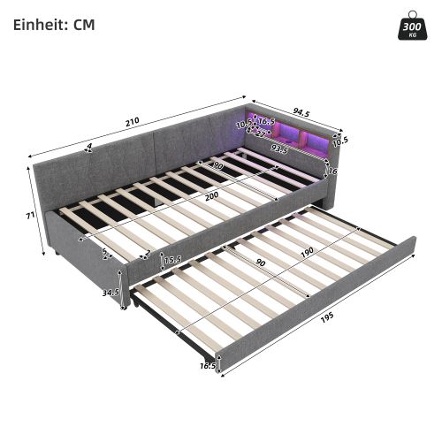 Lit Gigogne 90x200 Cm, Tête De Lit De Rangement Et LED, En Lin, Gris