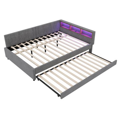 Lit Gigogne 140x200 Cm, Avec Sommier à Lattes, LED Et Ports USB Et Type-c, En Lin, Gris