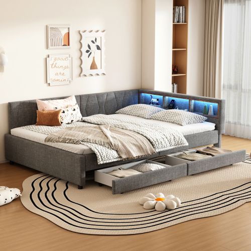 Lit Adulte 140x200 Cm, Avec 2 Tiroirs Et Éclairage LED, Avec Tête De Lit, En Lin, Gris