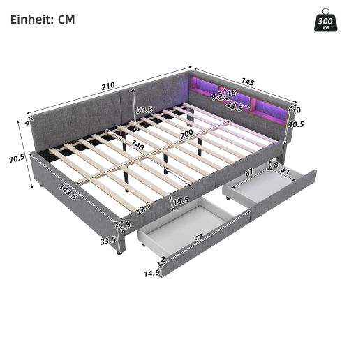Lit Adulte 140x200 Cm, Avec 2 Tiroirs Et Éclairage LED, Avec Tête De Lit, En Lin, Gris