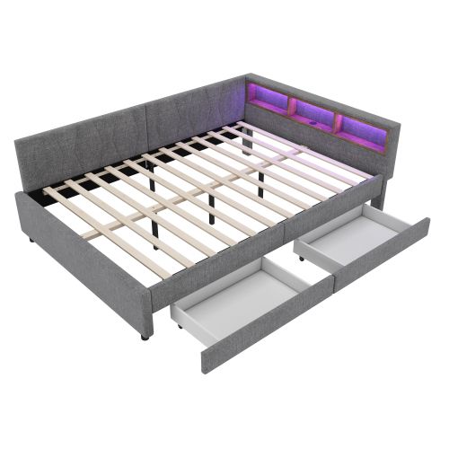 Lit Adulte 140x200 Cm, Avec 2 Tiroirs Et Éclairage LED, Avec Tête De Lit, En Lin, Gris