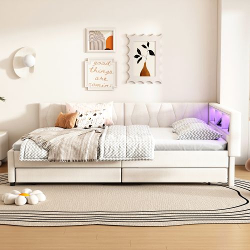 Lit Adulte 140x200 Cm, Avec Tête De Lit LED Et 2 Tiroirs, Avec Sommier à Lattes, En Lin Beige