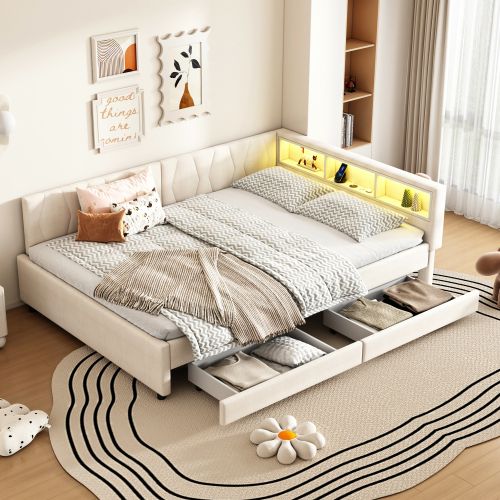 Lit Adulte 140x200 Cm, Avec Tête De Lit LED Et 2 Tiroirs, Avec Sommier à Lattes, En Lin Beige