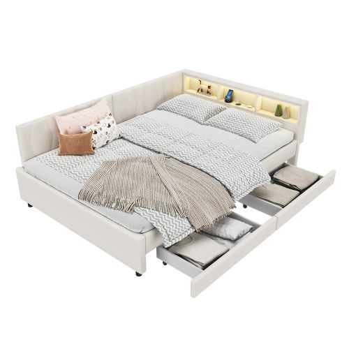 Lit Adulte 140x200 Cm, Avec Tête De Lit LED Et 2 Tiroirs, Avec Sommier à Lattes, En Lin Beige