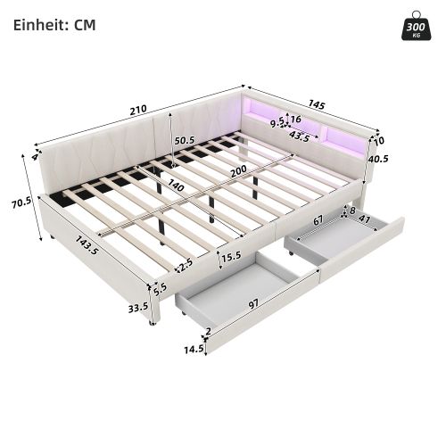 Lit Adulte 140x200 Cm, Avec Tête De Lit LED Et 2 Tiroirs, Avec Sommier à Lattes, En Lin Beige