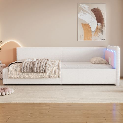Lit Enfant 90x200 Cm, Avec Tête De Lit Et Éclairage LED, En Velours, Blanc