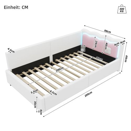 Lit Enfant 90x200 Cm, Avec Tête De Lit Et Éclairage LED, En Velours, Blanc