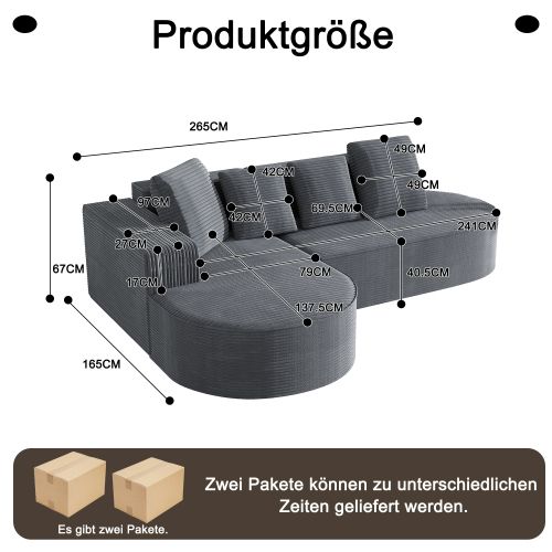 Canapé D’angle Convertible 241 Cm Velours Côtelé Gris, Assise Profonde 69,5 Cm, Sans Montage