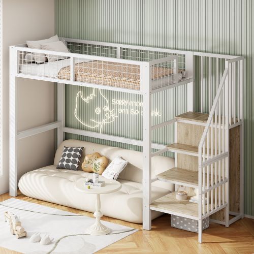 Lit Mezzanine 90x200 Cm, Avec Armoire Sous L'échelle Et Lattes, En Métal, Blanc