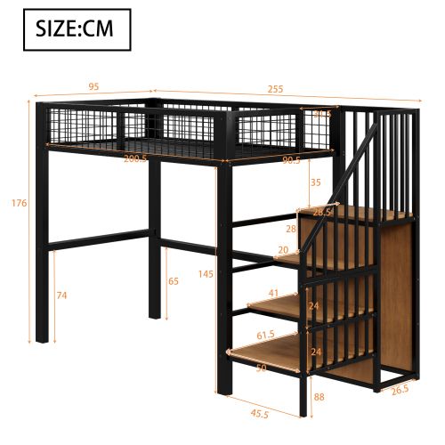 Lit Mezzanine 90x200 Cm, Lit Enfant Avec Armoire Intégrée Et Échelle, Avec Lattes, En Métal, Noir