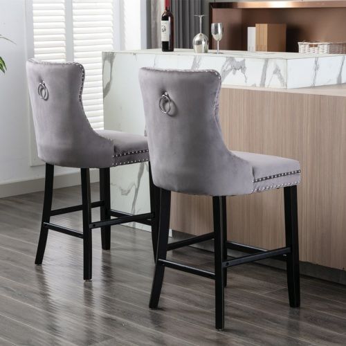 Lot De 2 Tabourets De Bar En Velours, Dossier Capitonné, Clous Décoratifs, Pieds En Bois, Gris