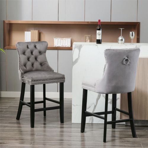 Lot De 2 Tabourets De Bar En Velours, Dossier Capitonné, Clous Décoratifs, Pieds En Bois, Gris