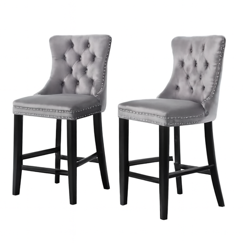 Lot De 2 Tabourets De Bar En Velours, Dossier Capitonné, Clous Décoratifs, Pieds En Bois, Gris