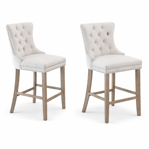 Lot De 2 Tabouret De Bar En Velours, Dossier Haut Capitonné, Piètement Bois, Beige