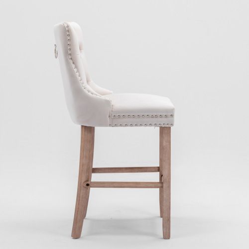 Lot De 2 Tabouret De Bar En Velours, Dossier Haut Capitonné, Piètement Bois, Beige