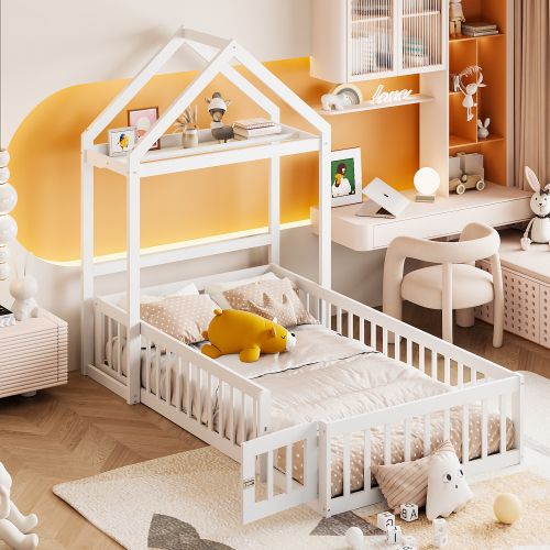 Lit Cabane Enfant 90x200 Cm, Toit De Rangement Et Porte Ouvrante, En Bois, Blanc