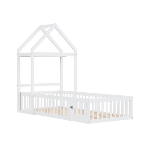 Lit Cabane Enfant 90x200 Cm, Toit De Rangement Et Porte Ouvrante, En Bois, Blanc